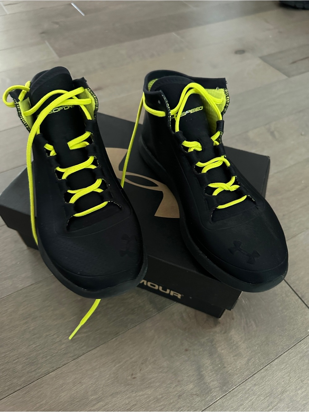 Under Armour Black Satin Style Sneakers with Neon Yellow Laces
